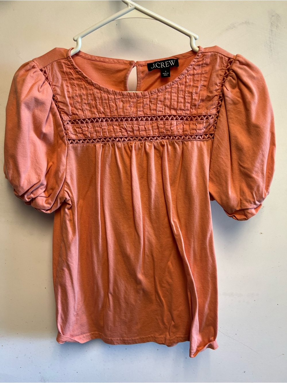 J. Crew Coral Puff-Sleeve Smocked Yoke Top
